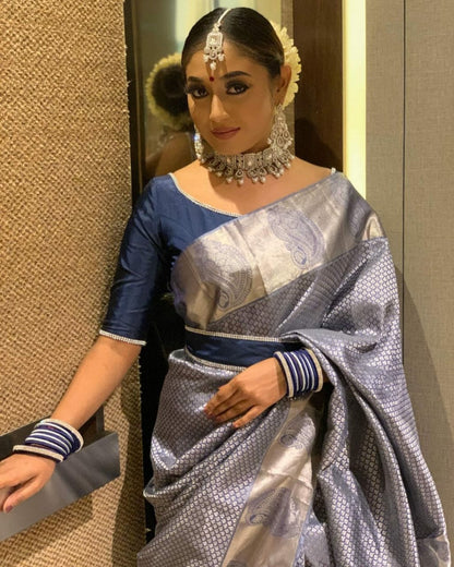 Stunning Grey Color Jacquard Border Silk Saree