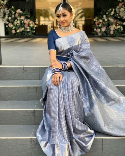 Stunning Grey Color Jacquard Border Silk Saree
