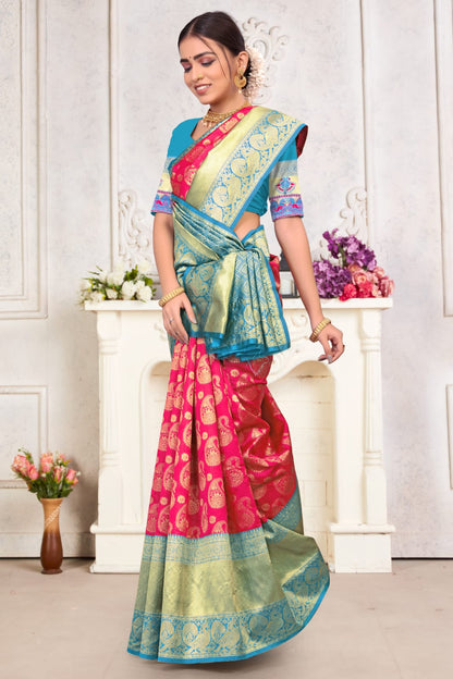 Stunning Pink And Sky Blue Rich Pallu Saree