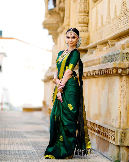 Glorious Dark Green Soft Lichi Silk Golden Jari Saree