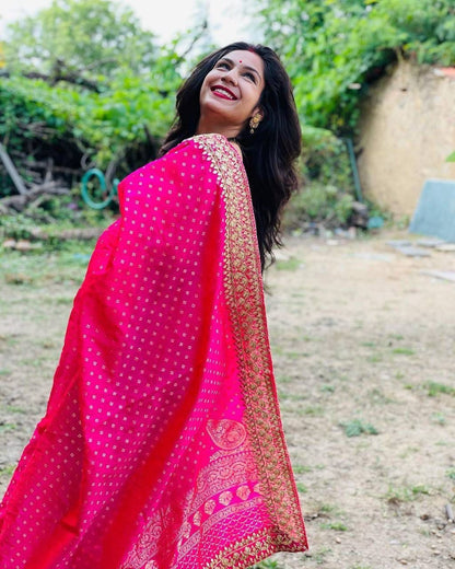 Pink Color Embroidery Work Banarasi Silk Saree