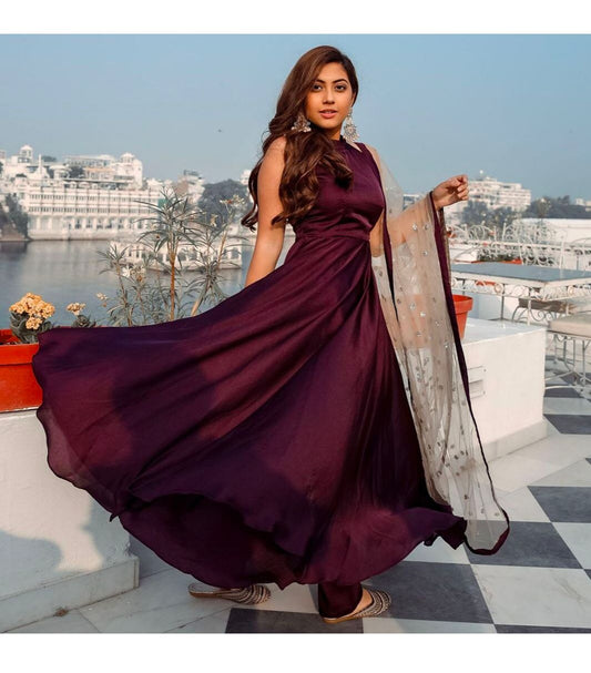 Stylish Hevvy Japan Silk Wine Color Gown