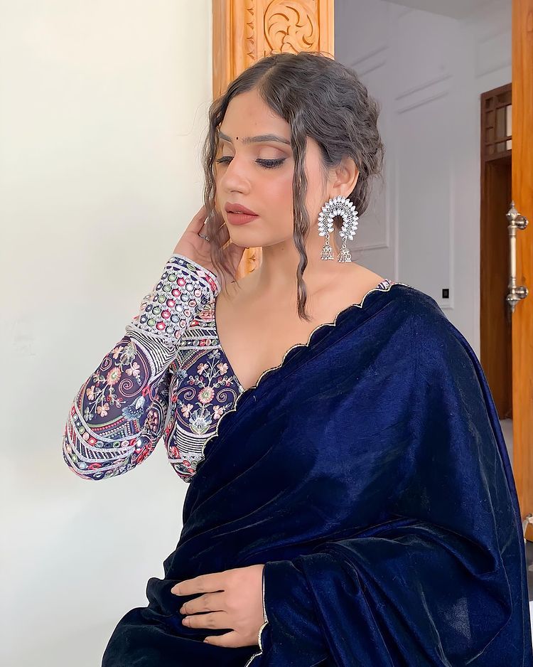 Dark Blue Color Embroidery Border Velvet Saree