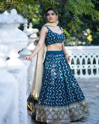 Exotic Teal Blue Color Embroidery Sequence Lehenga