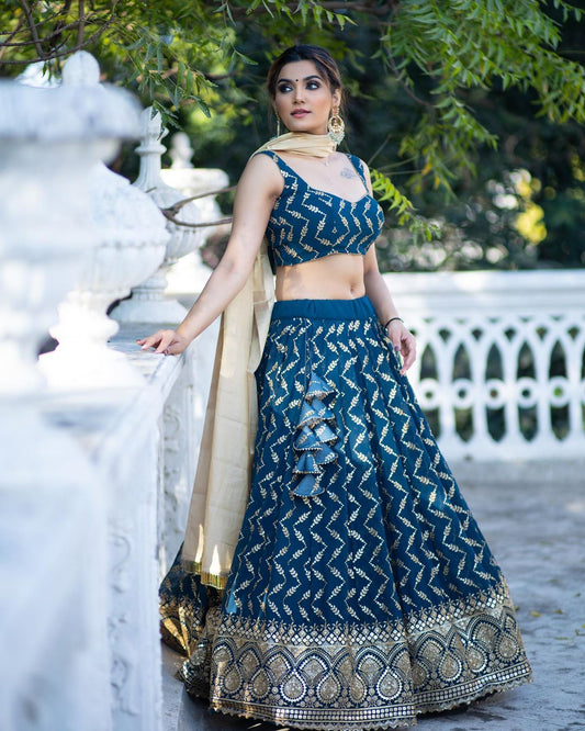 Exotic Teal Blue Color Embroidery Sequence Lehenga