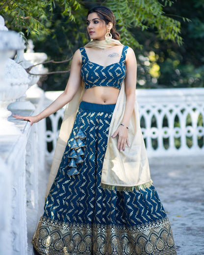 Exotic Teal Blue Color Embroidery Sequence Lehenga