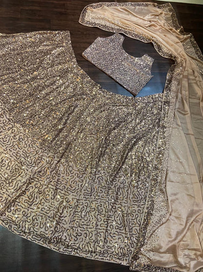 Embellished Beige Sequence Work Lehenga Choli