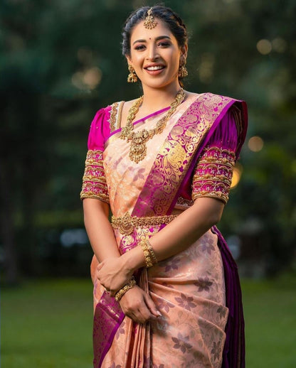 Peach Color Golden Jari Soft Lichi Silk Designer Saree