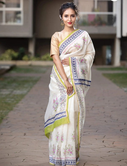 Imposing White Color Printed Soft Cotton Silk Saree