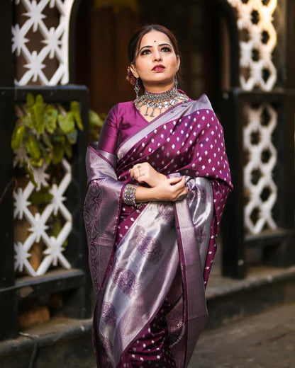 Exotic Wine Color Silver Work Design Saree