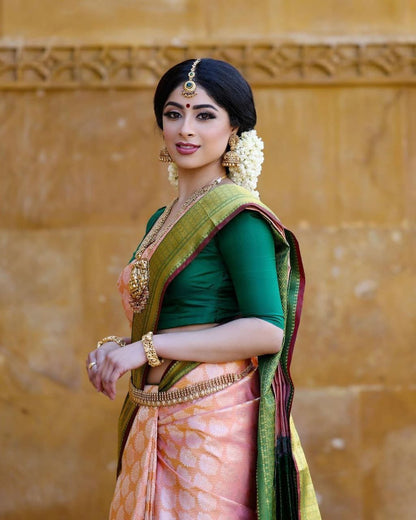 Charming Pink With Green Color Soft Banarasi Silk Saree