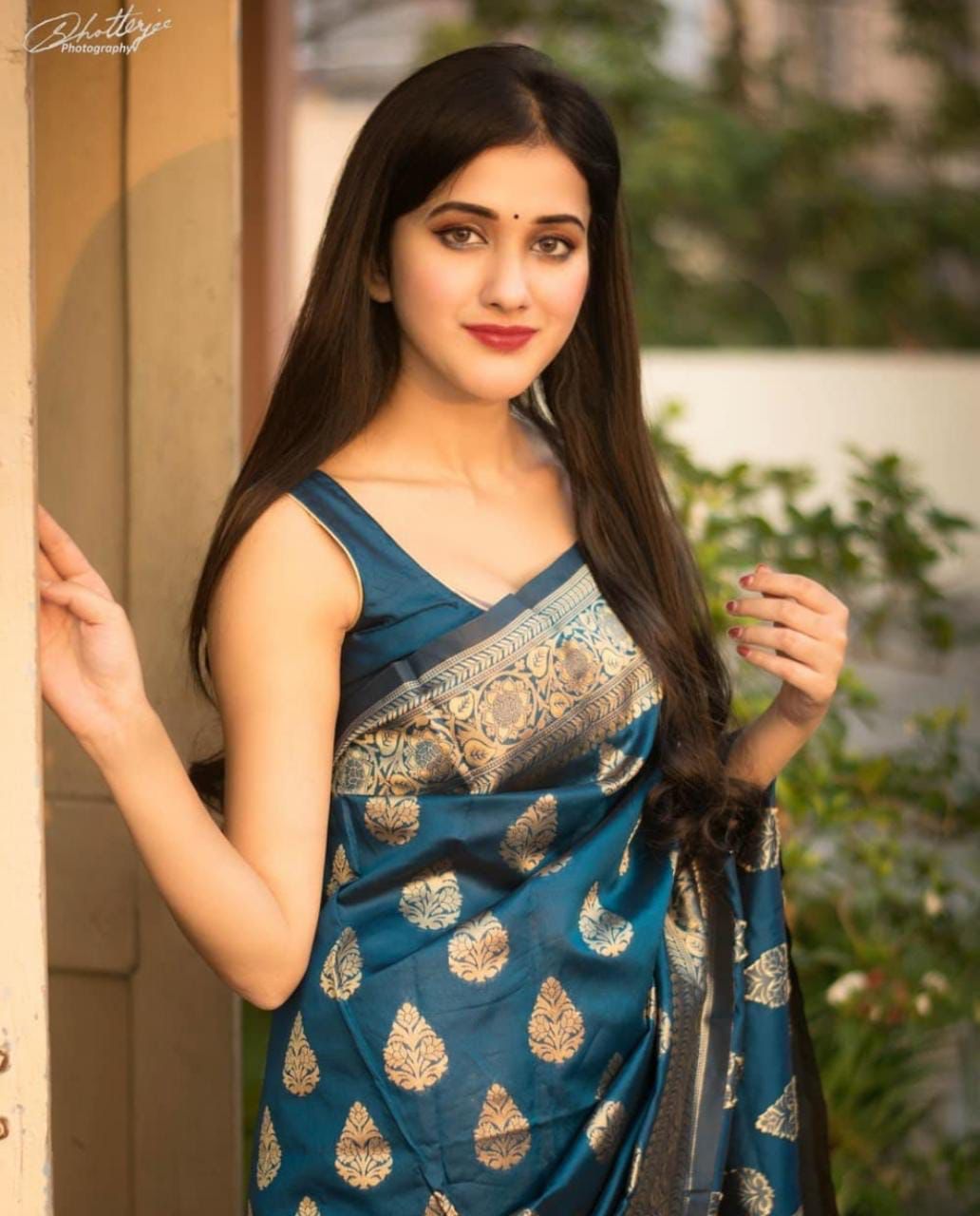 Glossy Teal Blue Color Jacquard Work Designer Saree