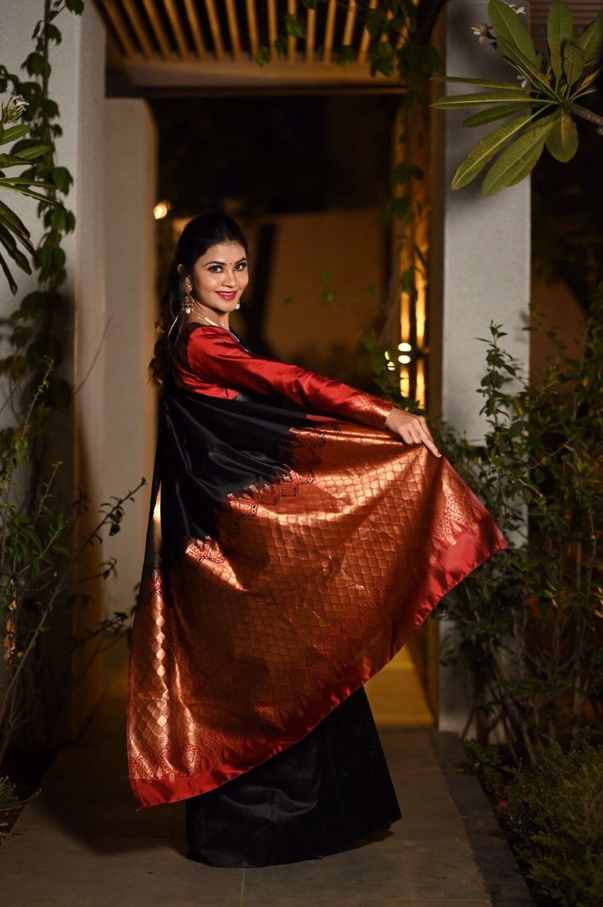 Gorgeous Black With Red Rich Jacquard Work Saree