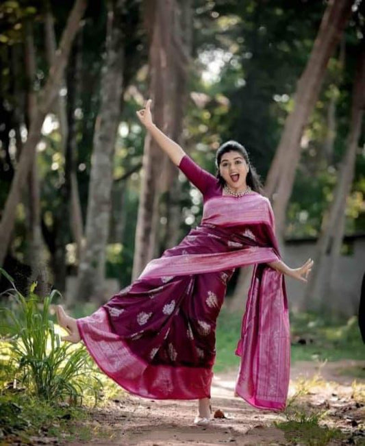 Lovely Wine With Light Pink Color Banarasi Silk Saree
