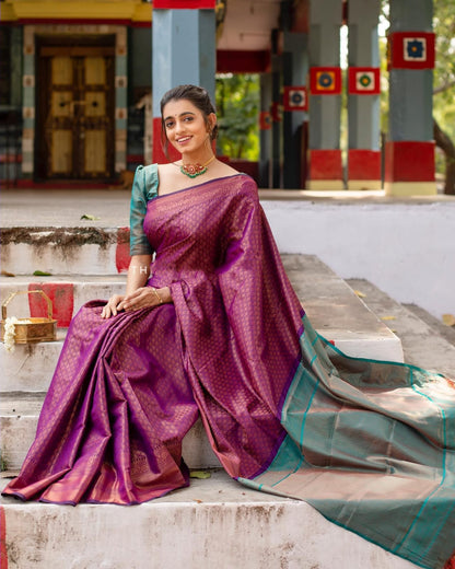 Imposing Purple With Green Color Silver Jari Saree