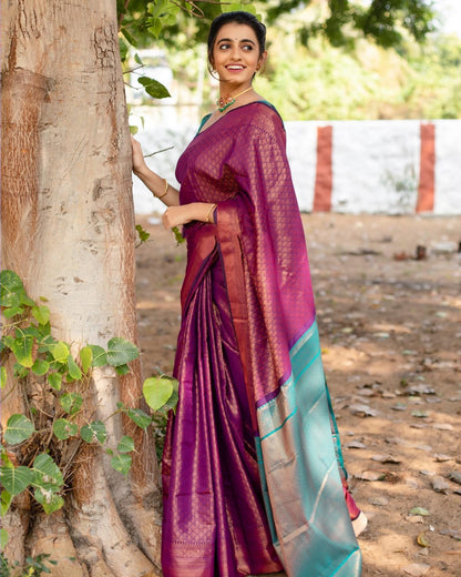 Imposing Purple With Green Color Silver Jari Saree