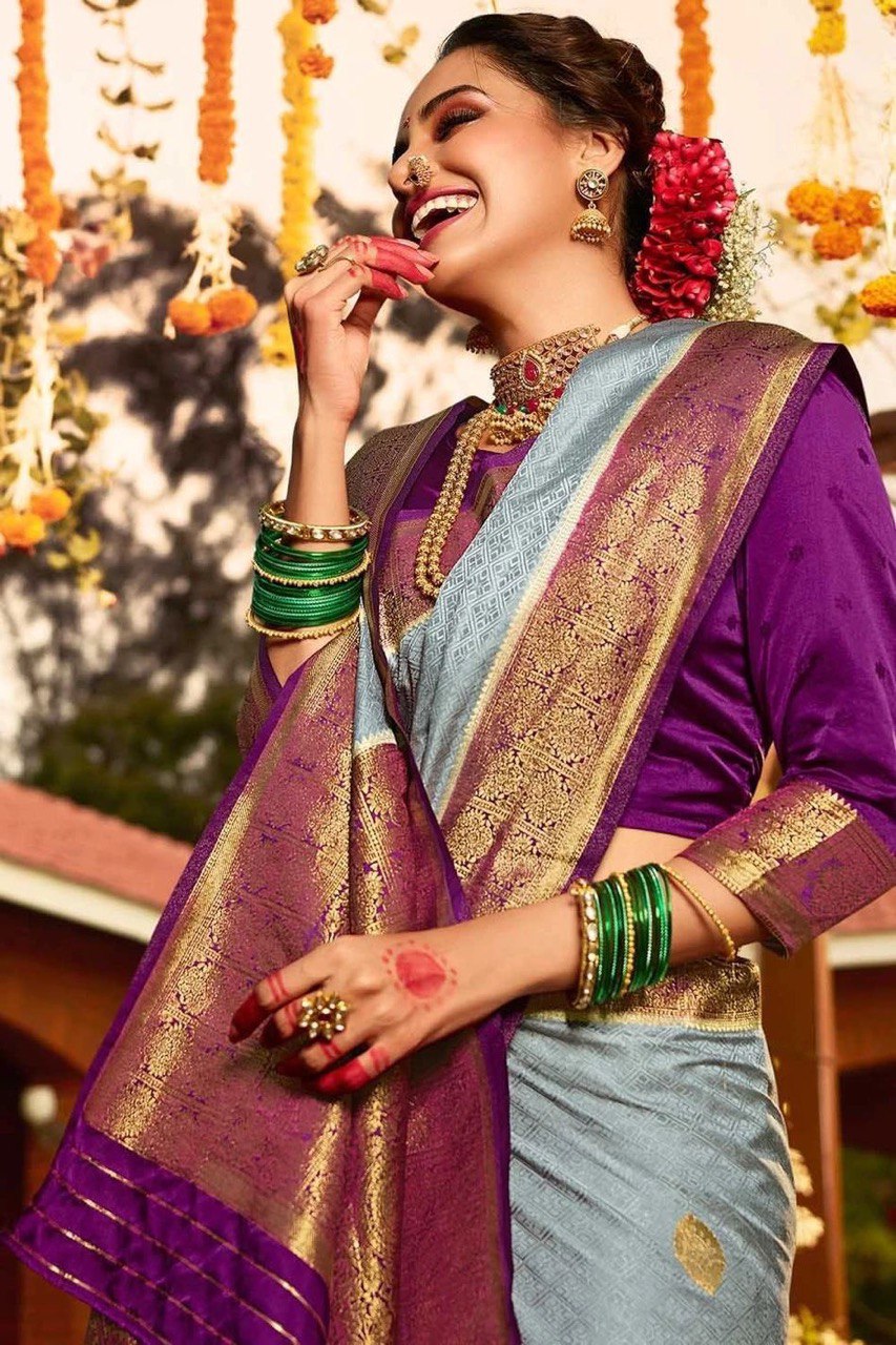 Decent Grey With Purple Color Soft Banarasi Silk Saree