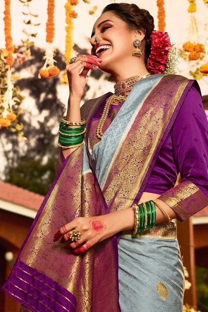 Decent Grey With Purple Color Soft Banarasi Silk Saree