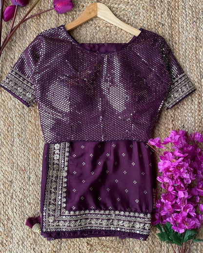 Wine Color Embroidery & Sequence Work Designer Saree