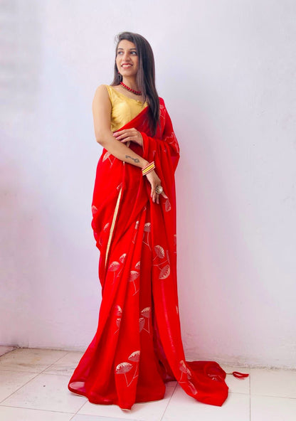 Amazing Red Color Beautiful Foil Print Saree