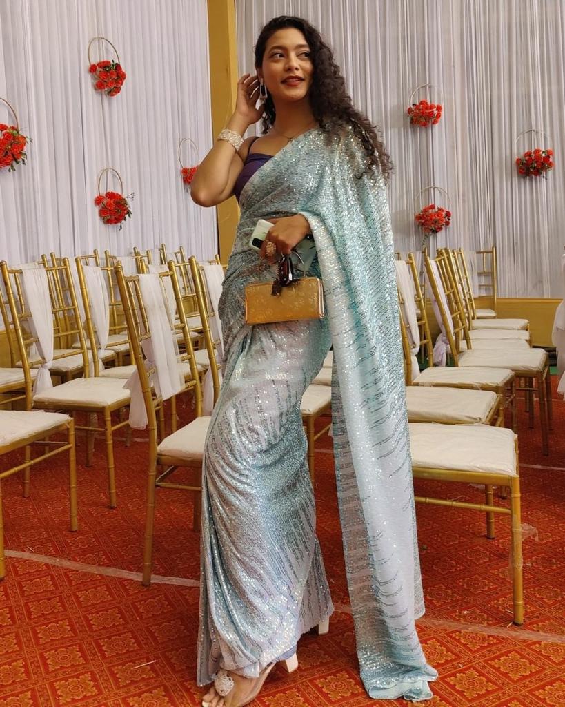 Glorious Sky Blue Color Sequence Work Saree