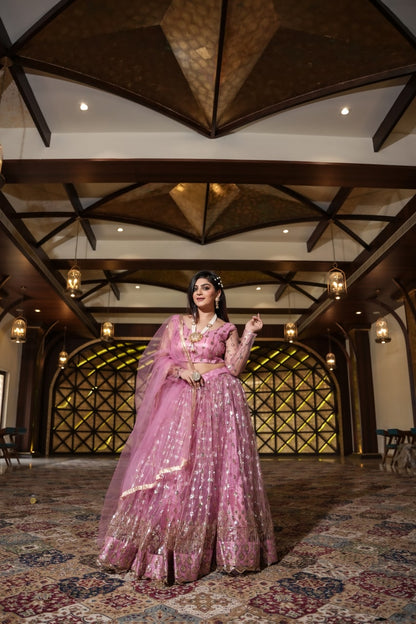 Pretty Peach Color Embroidery Work Net Lehenga Choli