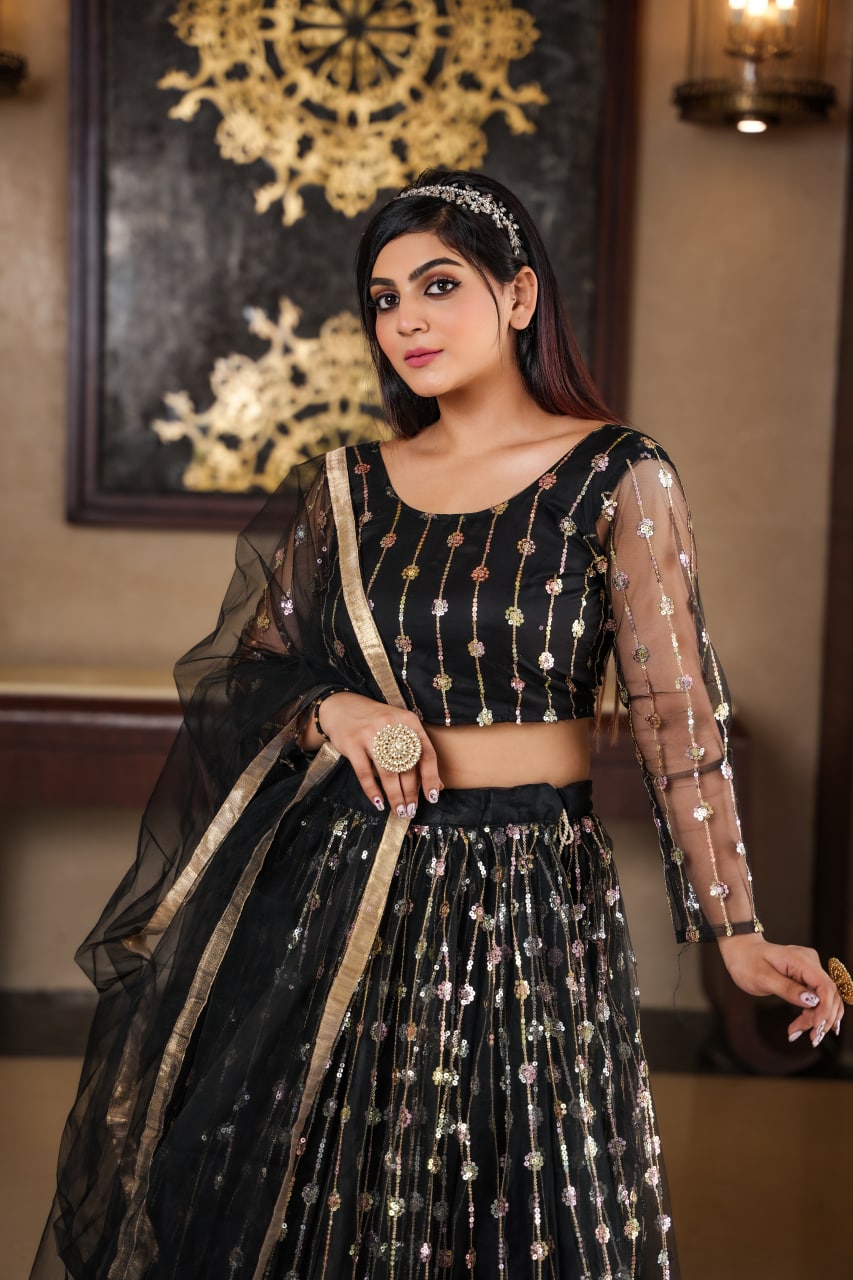 Exclusive Black Color Embroidery Work Net Lehenga Choli