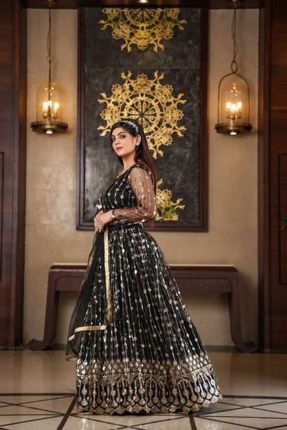 Exclusive Black Color Embroidery Work Net Lehenga Choli