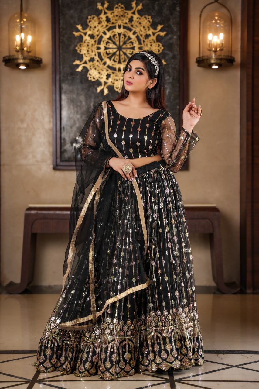 Exclusive Black Color Embroidery Work Net Lehenga Choli