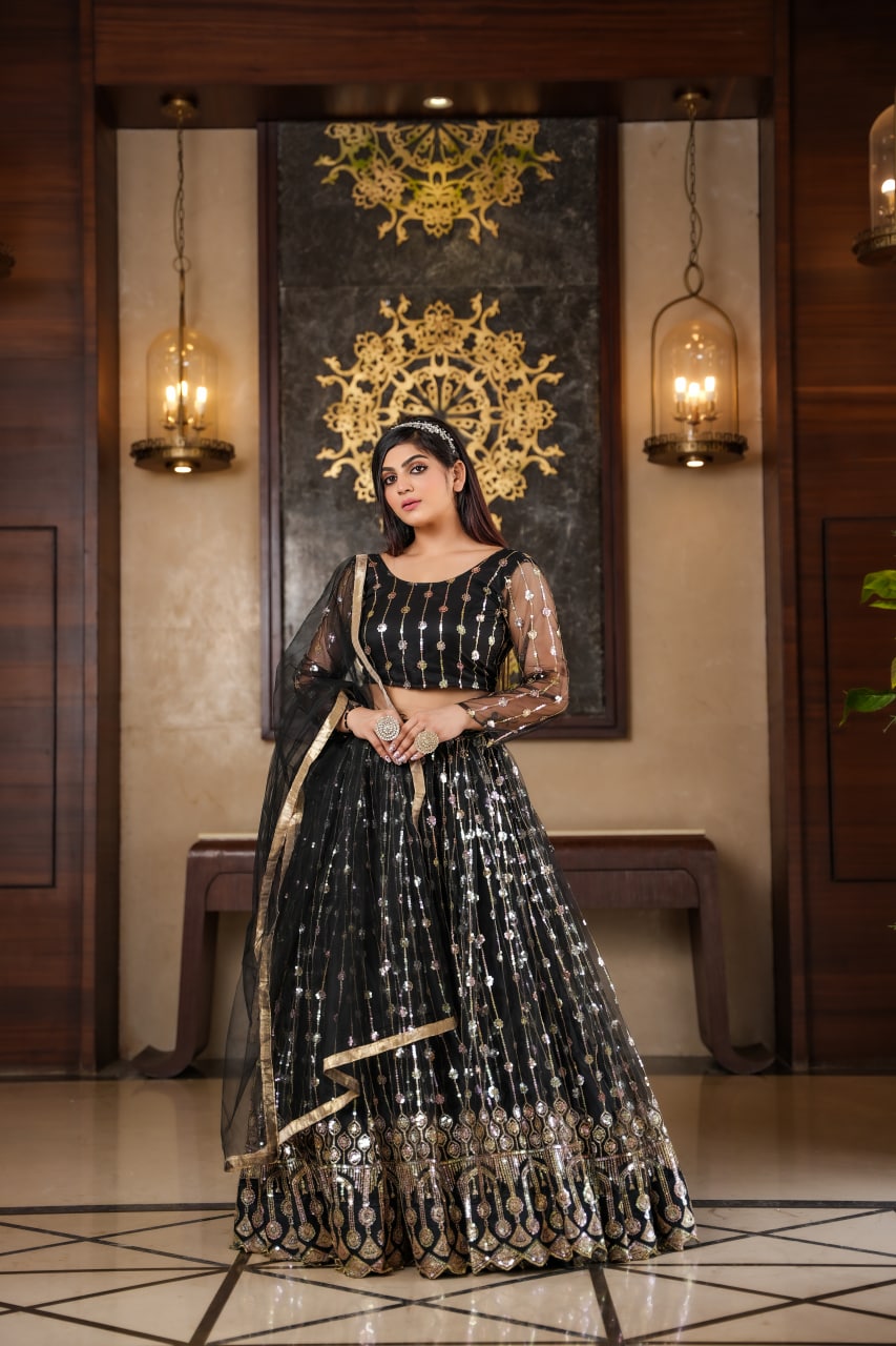 Exclusive Black Color Embroidery Work Net Lehenga Choli