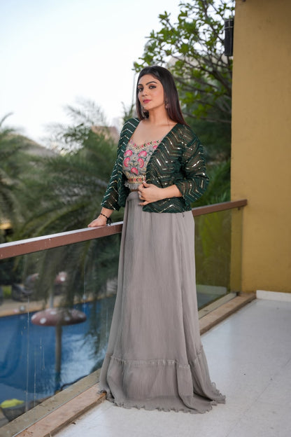 Stylish Grey Color Crushed Lehenga With Green Shrug