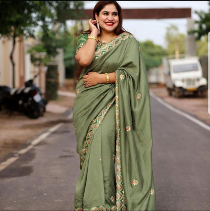 Embroidery Multi Thread Work Pista Green Color Saree