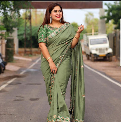 Embroidery Multi Thread Work Pista Green Color Saree