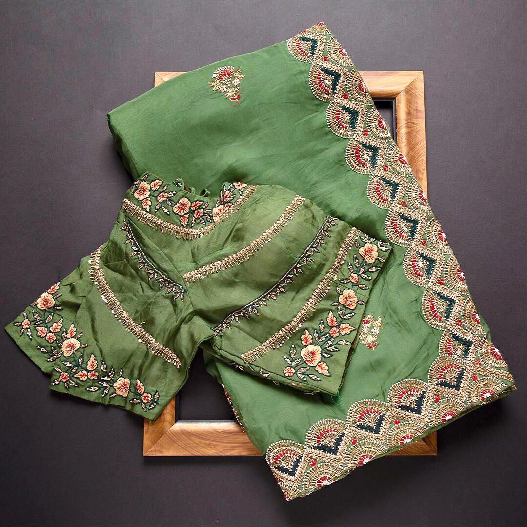 Embroidery Multi Thread Work Pista Green Color Saree