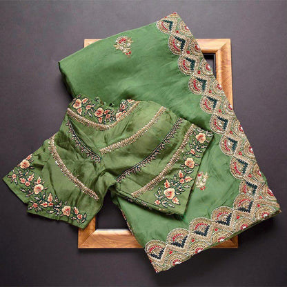 Embroidery Multi Thread Work Pista Green Color Saree