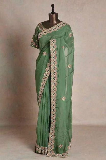 Embroidery Multi Thread Work Pista Green Color Saree