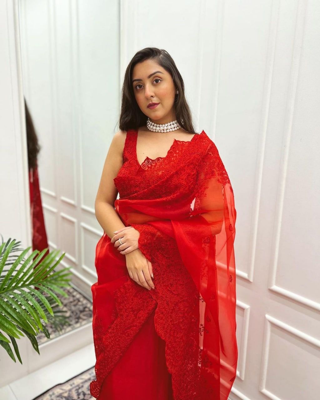 Awesome Red Color Chain-stitch Work Saree