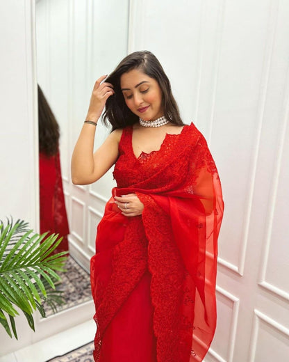 Awesome Red Color Chain-stitch Work Saree