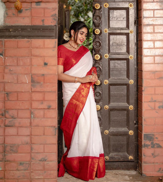 White With Red Color Golden Jari Design Soft Silk Saree
