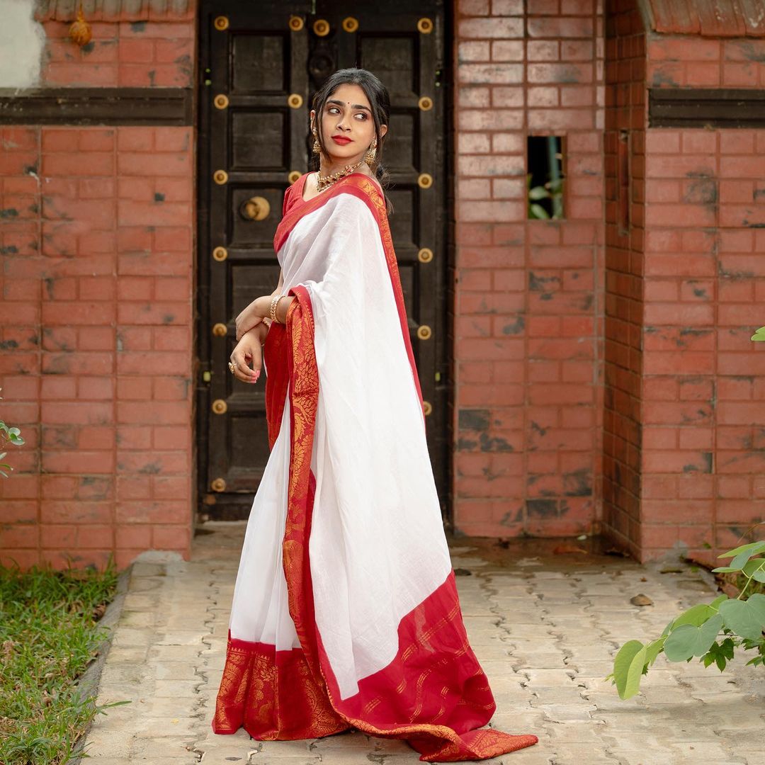White With Red Color Golden Jari Design Soft Silk Saree
