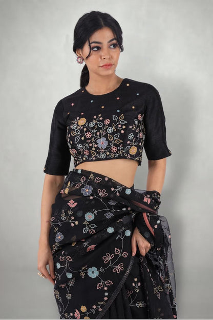Beautiful Multi Thread Work Black Color Georgette Saree