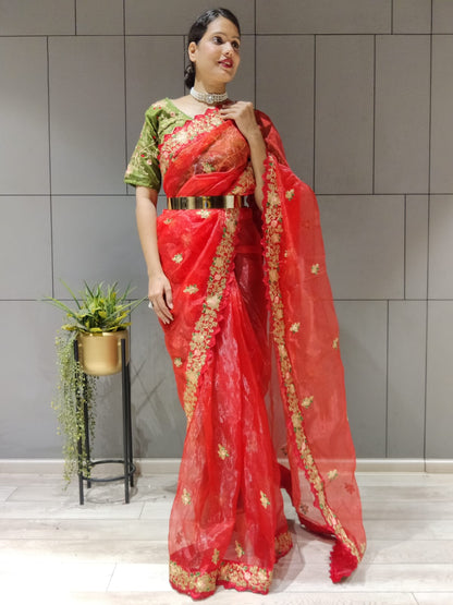 Red Color Coding & Sequins Work Ready To Wear Organza Saree
