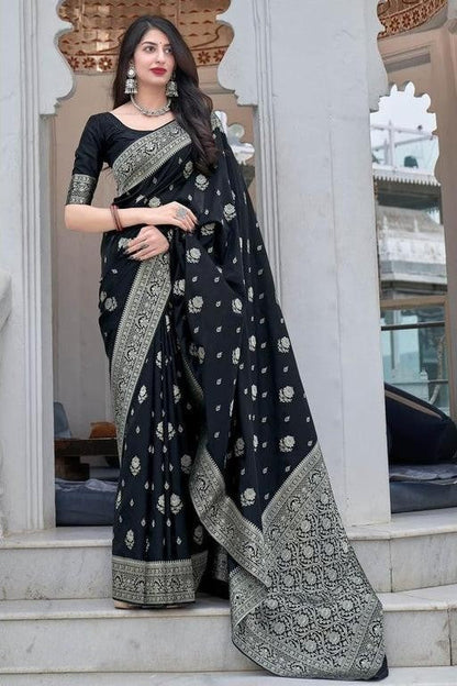 Black Color Silver Jari Design Soft Silk Saree