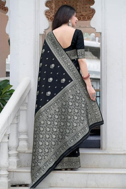 Black Color Silver Jari Design Soft Silk Saree