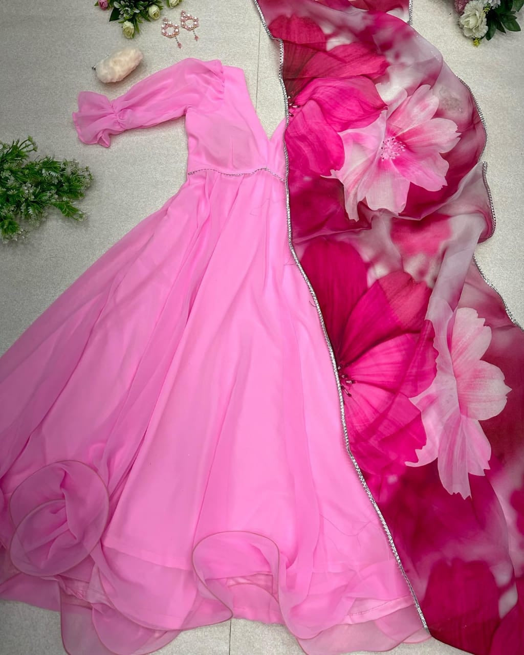 Stylish Light Pink Plain Gown With Floral Print Dupatta