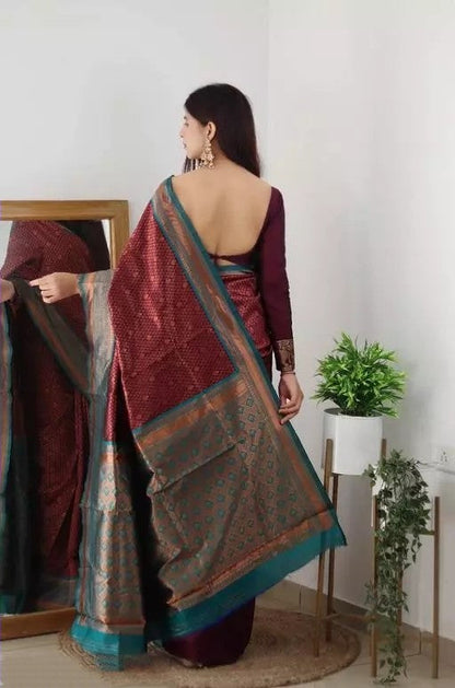Maroon And Aqua Green Color Coper Jari Design Soft Silk Saree