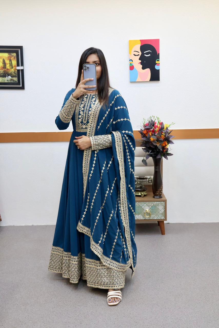 Pretty Coding Embroidery Work Teal Blue Color Gown