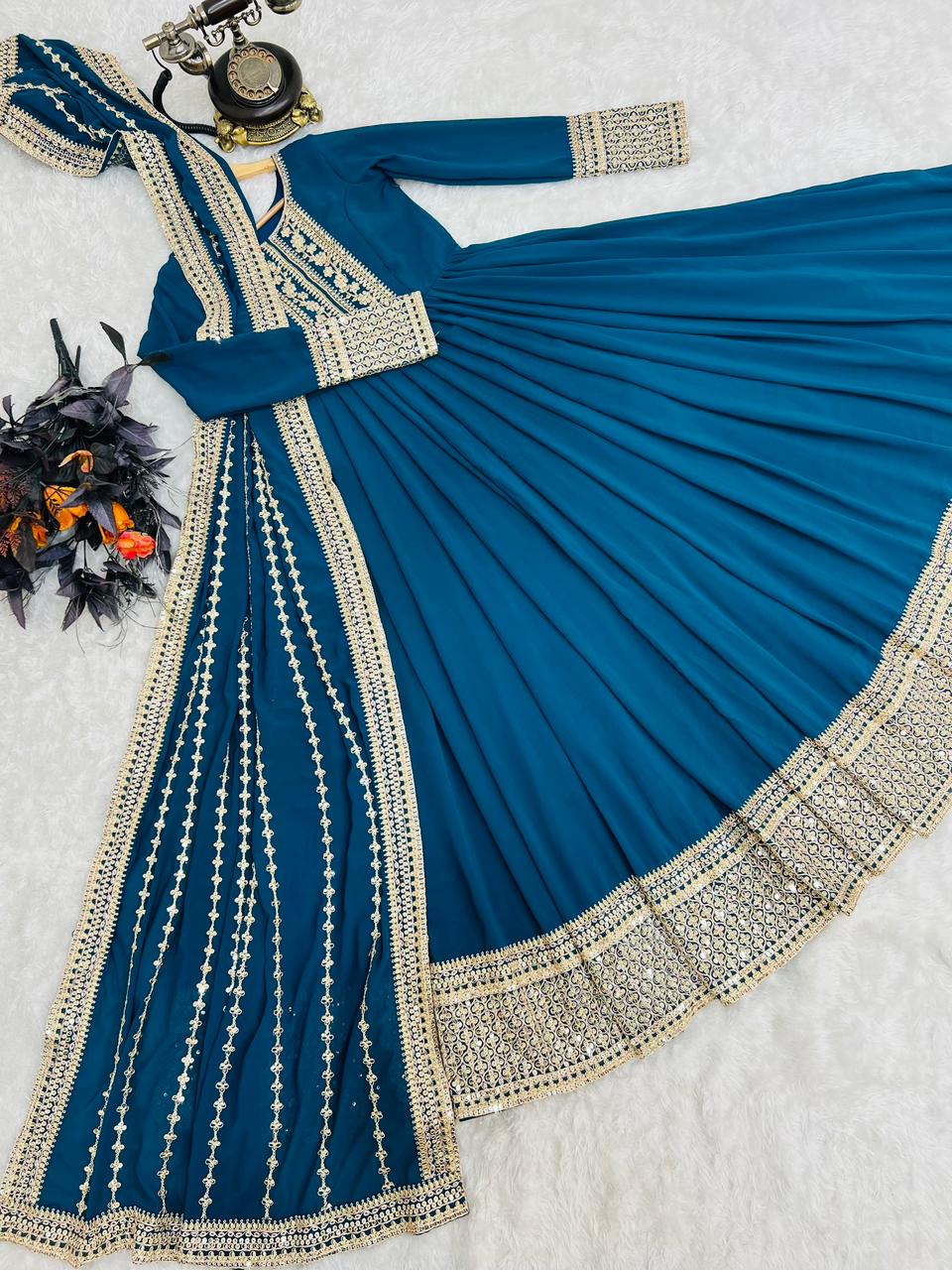 Pretty Coding Embroidery Work Teal Blue Color Gown