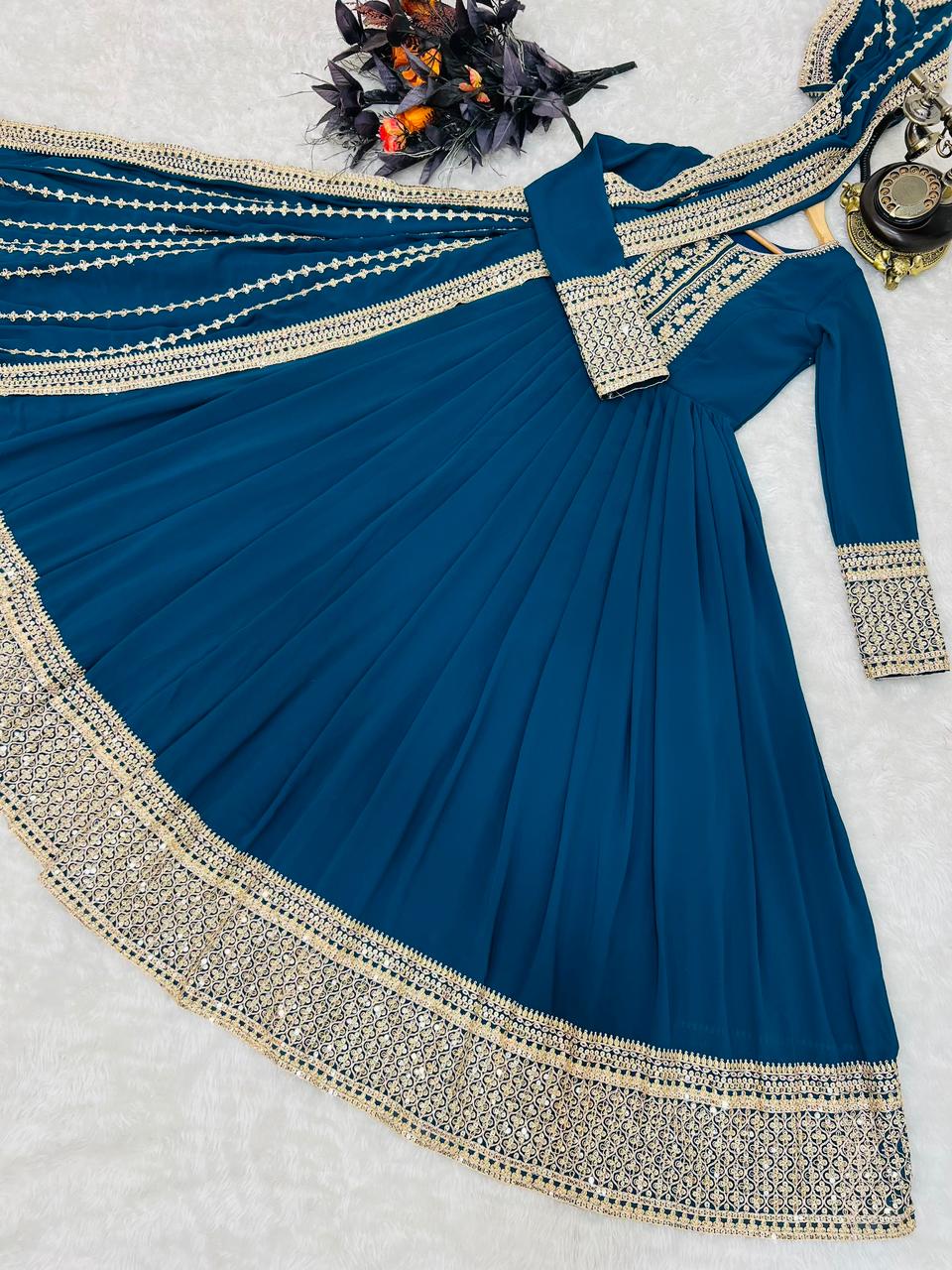 Pretty Coding Embroidery Work Teal Blue Color Gown