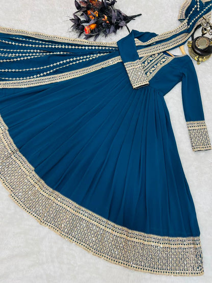 Pretty Coding Embroidery Work Teal Blue Color Gown